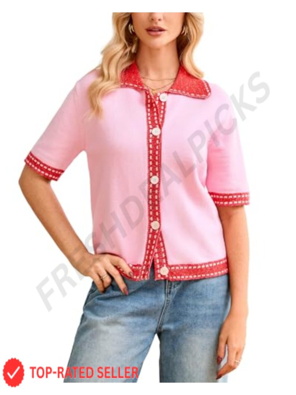 Women's Short Sleeve Knitted Cardigan Button Down Collared Crop Sweater Jacket